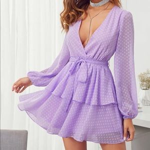 NWOT: BEAUTIFUL layered lilac mini dress with tie for waist